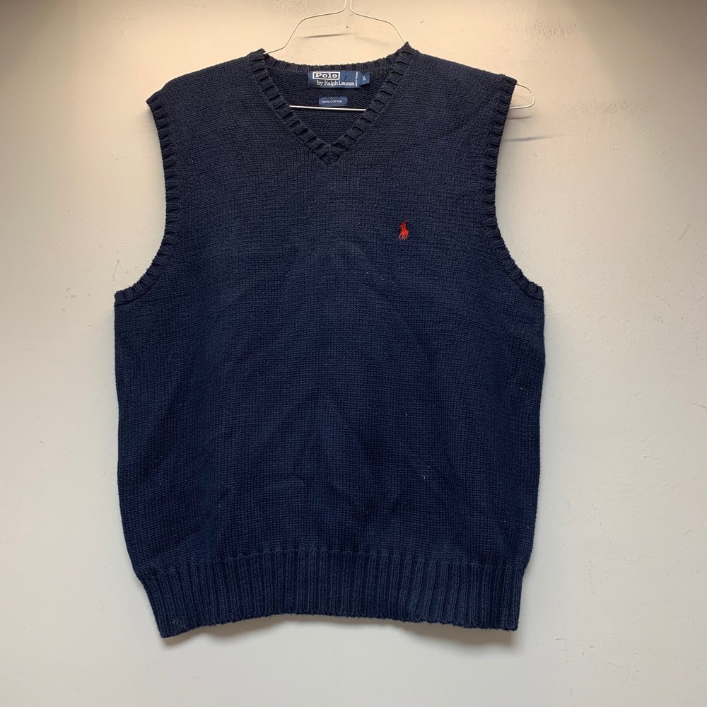 Polo Ralph Lauren Sweater Vest Mens L Navy Blue Excellent V-Neck Cotton Knit